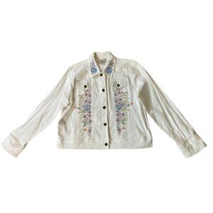 Las Olas White Denim Jacket Large Floral Rhinestone Embellished